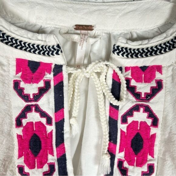 Free People Linen Cotton Bohemian Embroidered Balloon Sleeve Cropped Jacket XS - Picture 12 of 14